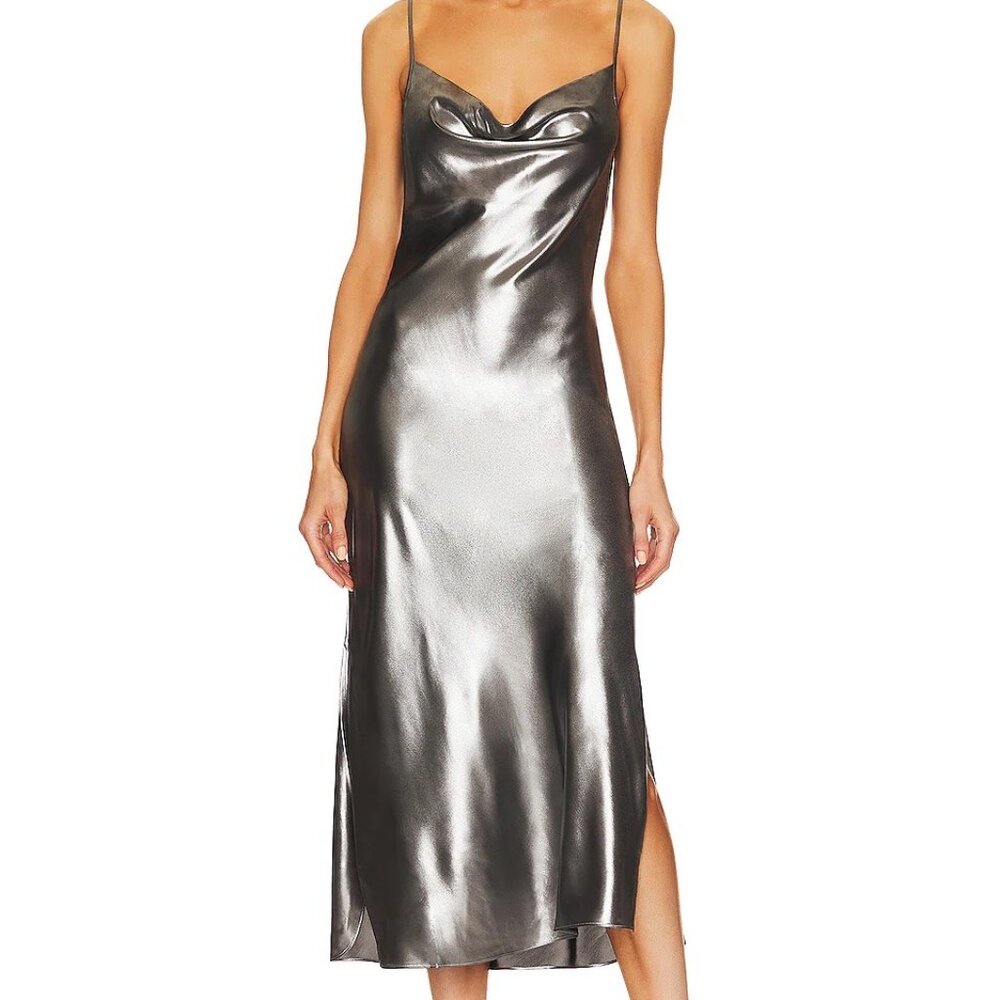 AllSaints Metallic Silver Midi Slip Dress